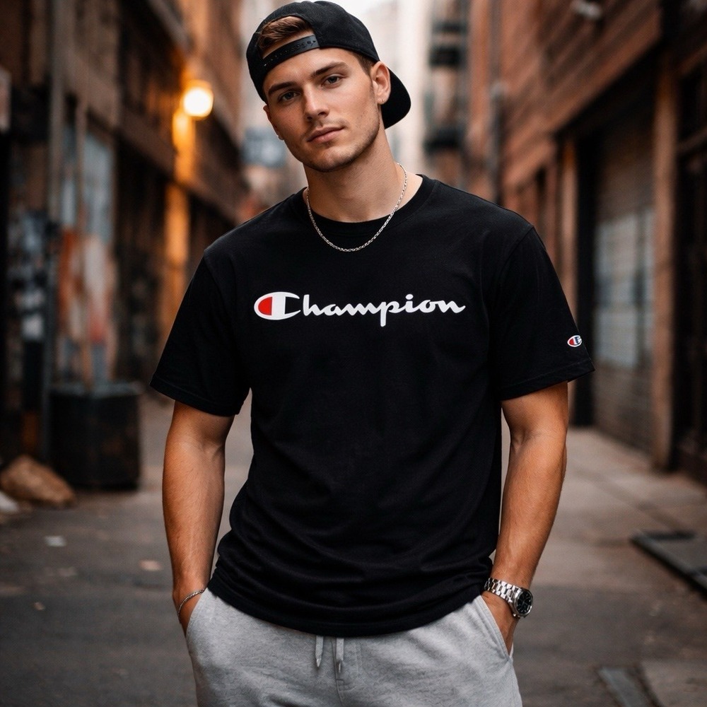 Champion Mens T-Shirt Black Velour Spellout Logo Medium AH6597 QLP Cotton Crew